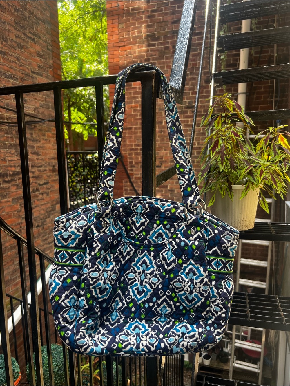 Vera Bradley Navy Blue Quilted Shoulder Tote with Aqua & Lime Accents